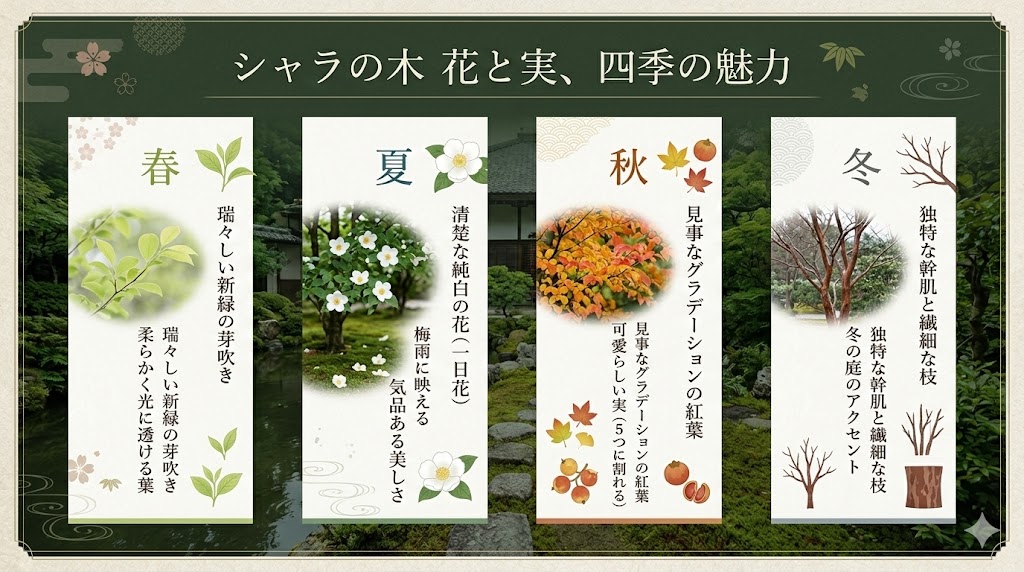 初夏に咲く清楚な純白の一日花、秋にできる可愛らしい実、そして新緑、紅葉、幹肌へと移ろうシャラの木の四季の魅力をまとめた上品なスライド画像。