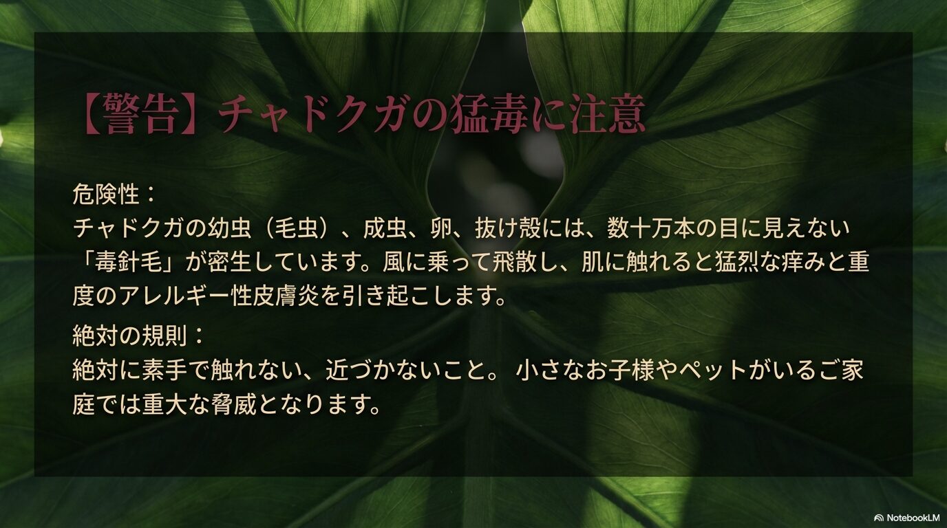 猛毒の毒針毛を持つチャドクガには絶対に素手で触れない