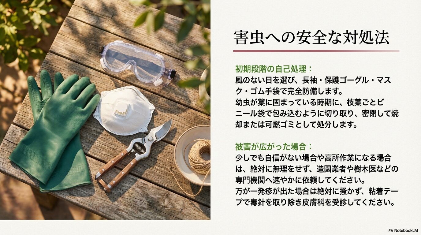 保護ゴーグル、マスク、ゴム手袋を用いた害虫への安全な対処法