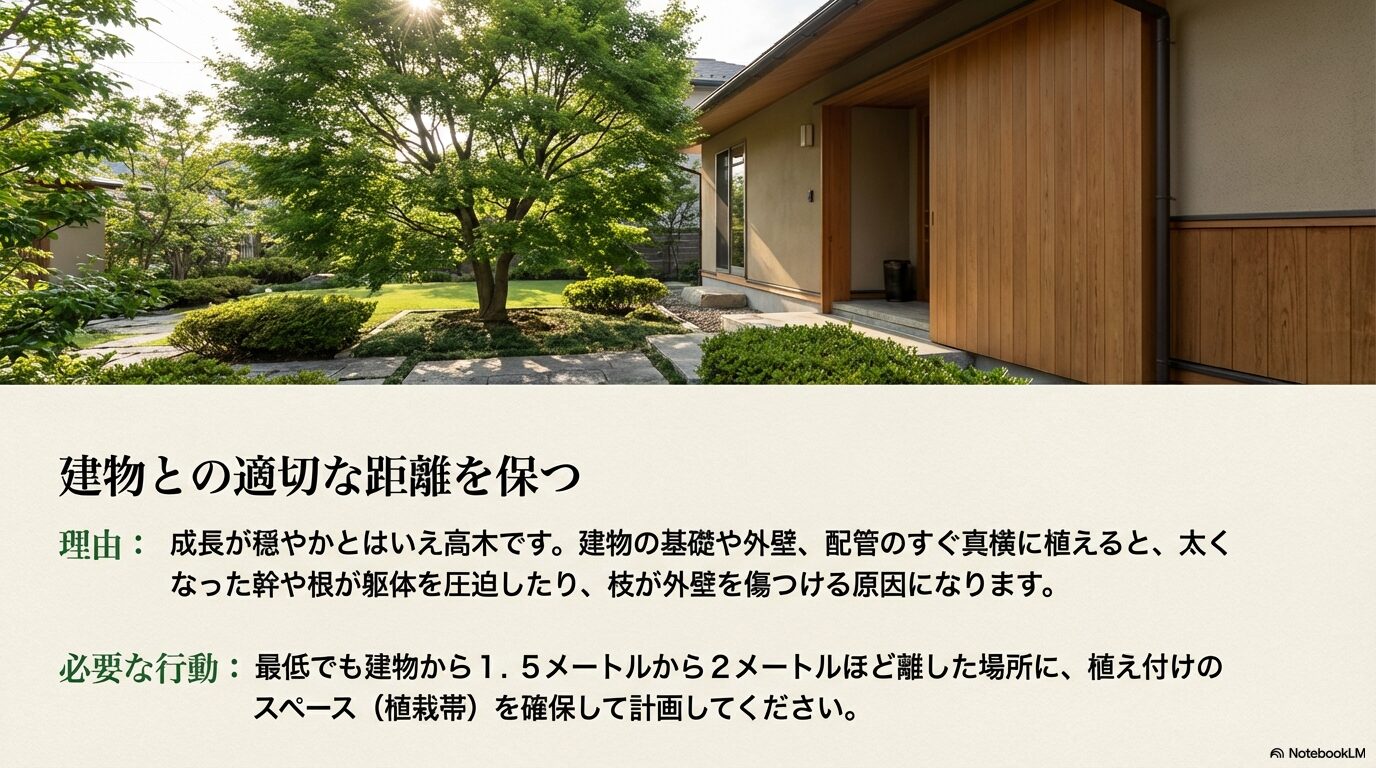 成長を考慮し建物から1.5メートルから2メートルの距離を保つ植栽計画