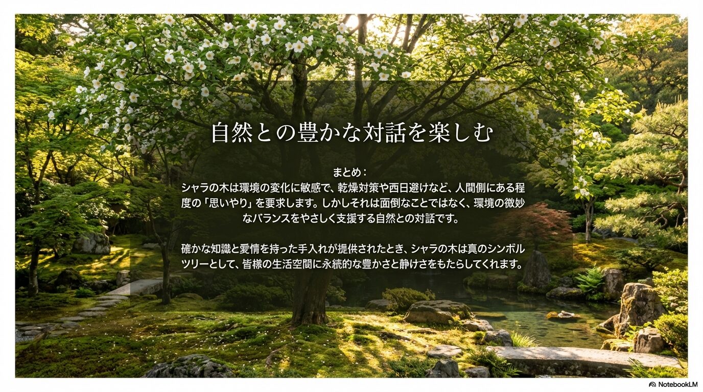 自然との豊かな対話を楽しむシャラの木の庭づくりまとめ