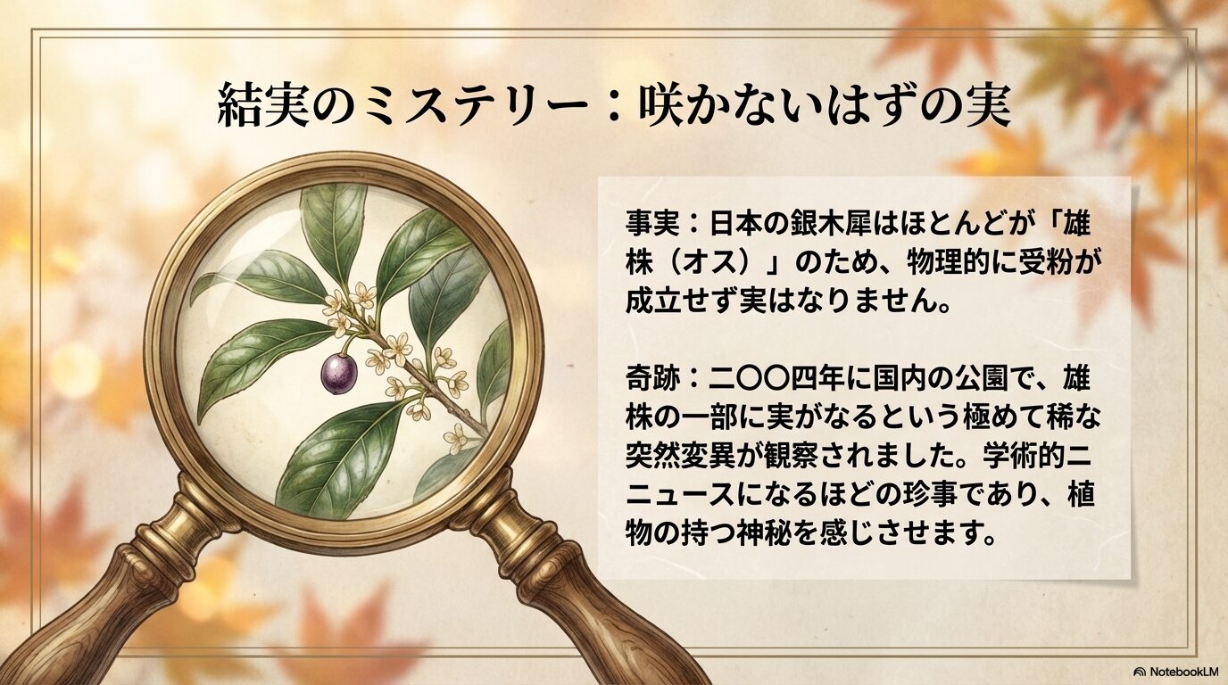 日本の銀木犀の雄株に実が結実したミステリー