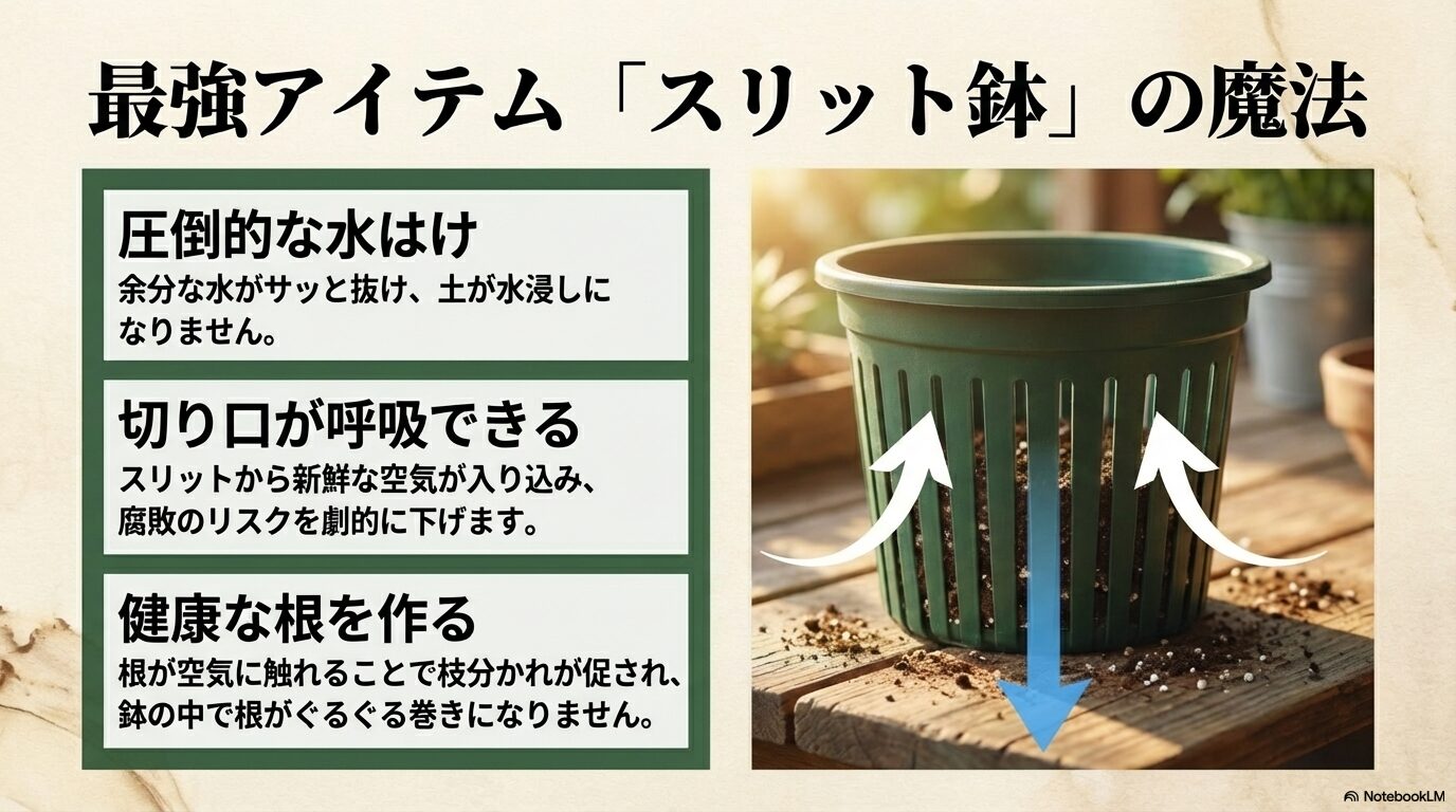 圧倒的な水はけと通気性で健康な根を作る最強アイテム「スリット鉢」の魔法