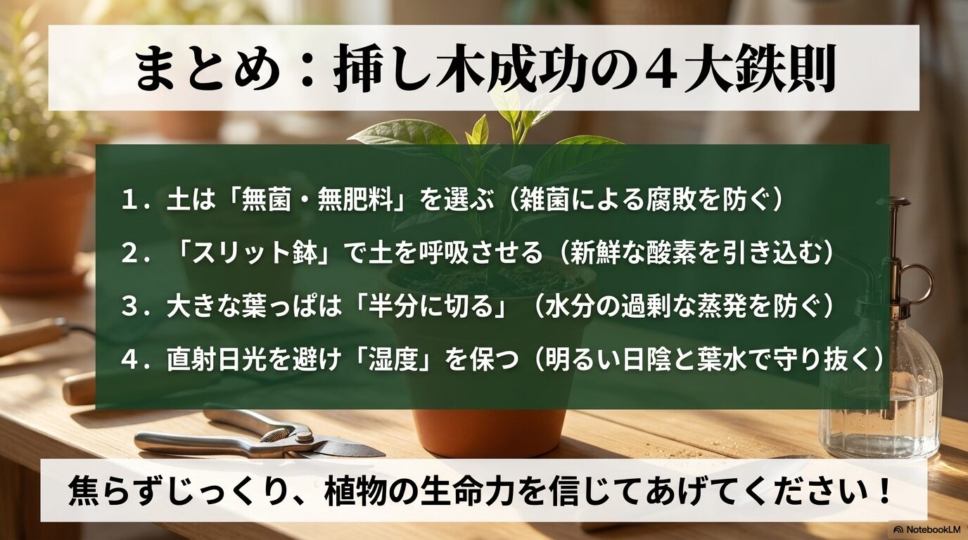 土は無菌を選ぶ、スリット鉢を使う、葉を半分に切る、直射日光を避け湿度を保つという挿し木成功の4大鉄則