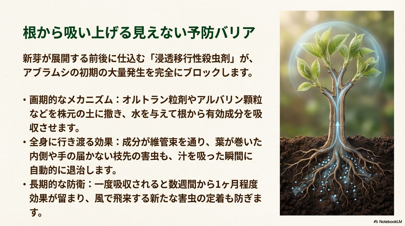 植物の根から殺虫成分を吸い上げる浸透移行性のメカニズム