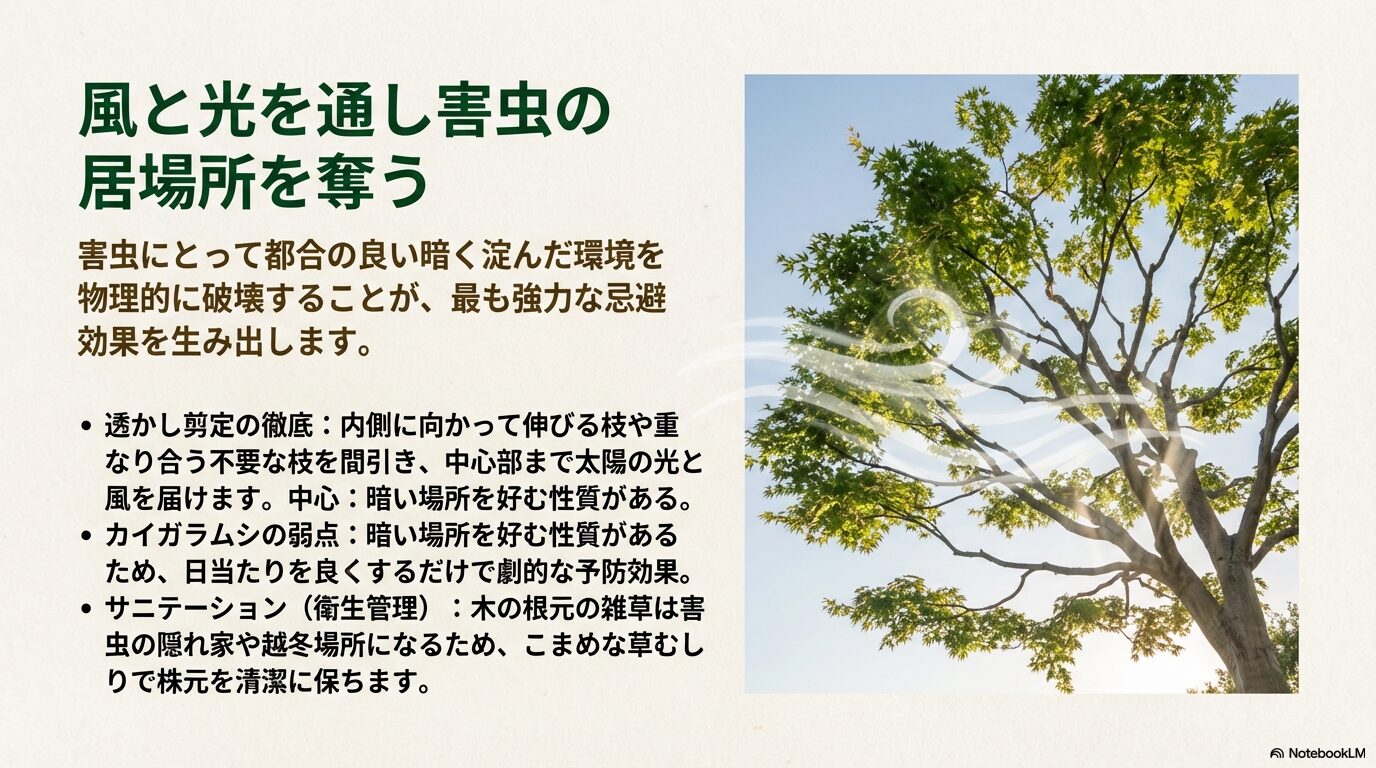 剪定によって日当たりと風通しが改善された庭木