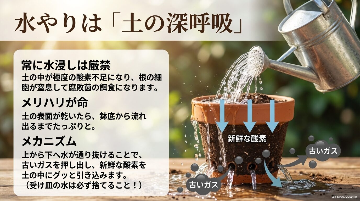 常に水浸しは厳禁。上から下へ水が通り抜けることで古いガスを押し出し新鮮な酸素を引き込むメカニズム