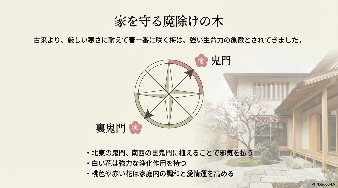 しだれ梅の風水効果と邪気を払う鬼門・裏鬼門を表した方位図