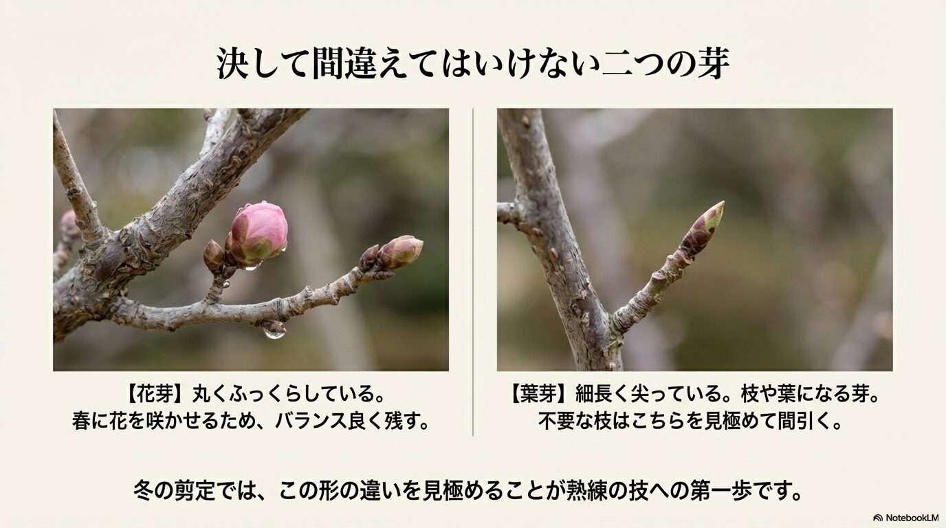 しだれ梅の丸くふっくらとした花芽と細長く尖った葉芽の形状の違い