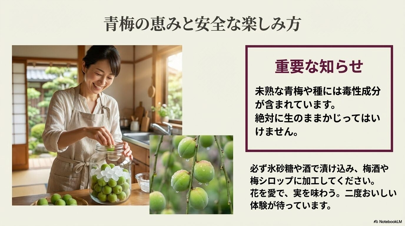 しだれ梅の青梅を使った自家製シロップ作りの様子と生食に対する安全な楽しみ方