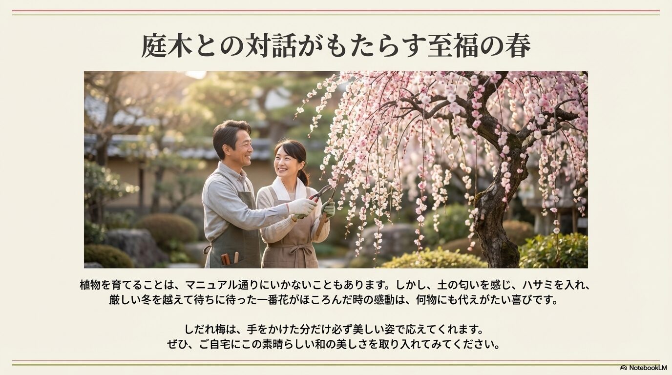 庭木のお手入れとしだれ梅の開花をご家族で楽しむ至福のひととき