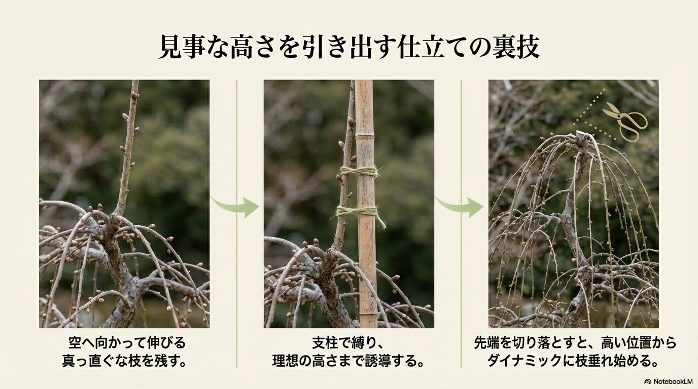 しだれ梅の高さを引き出すために徒長枝を支柱に縛り付ける仕立ての裏技