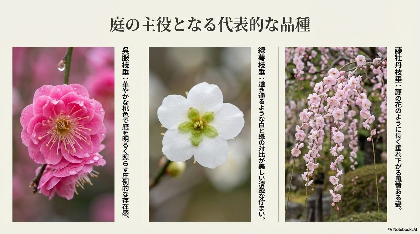 庭の主役となるしだれ梅の代表的な品種（藤牡丹枝垂、緑萼枝垂、呉服枝垂）