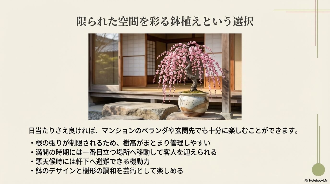 限られた空間でも楽しめるしだれ梅の鉢植えや盆栽の魅力と和の空間