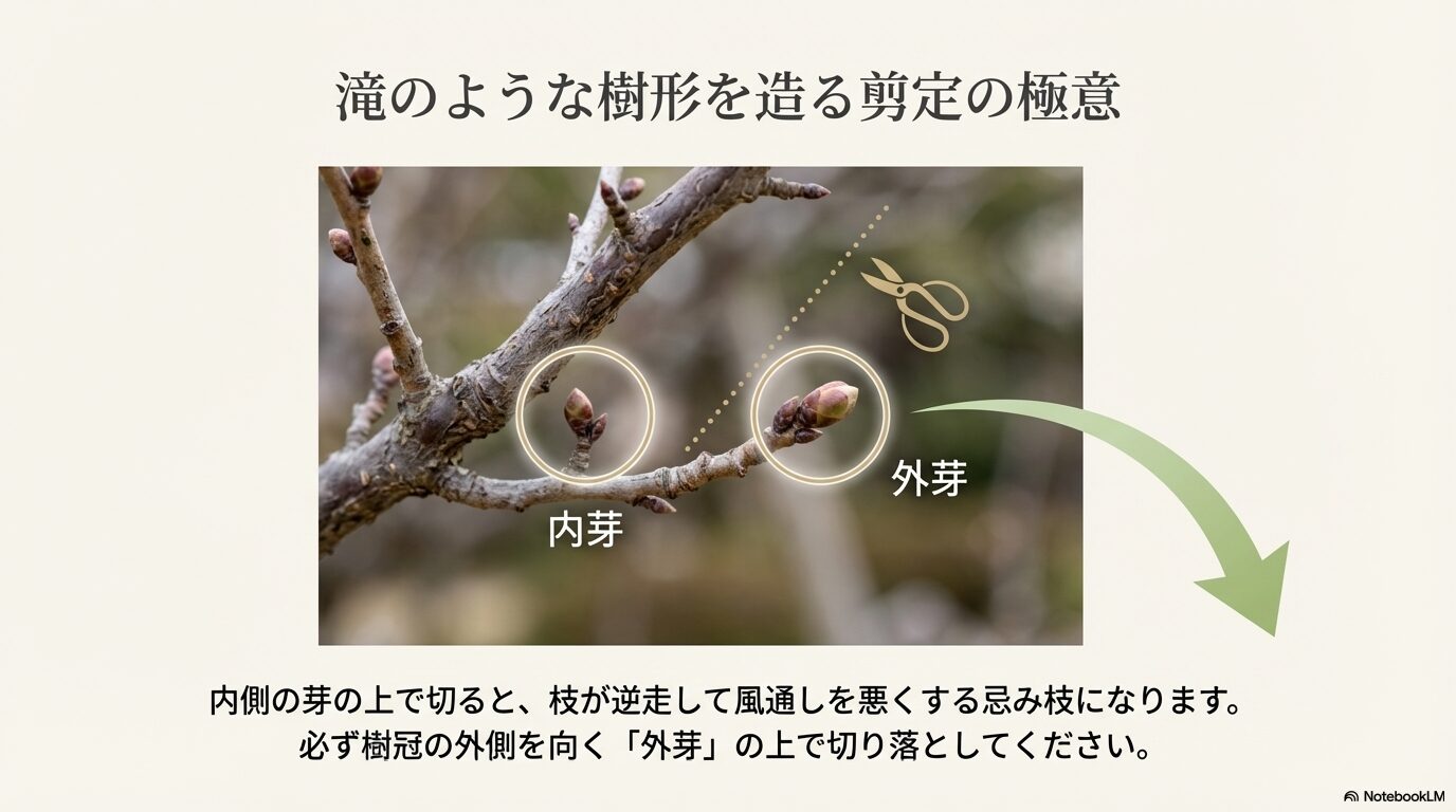 しだれ梅の美しい樹形を造る剪定の極意である外芽と内芽の違いを図解