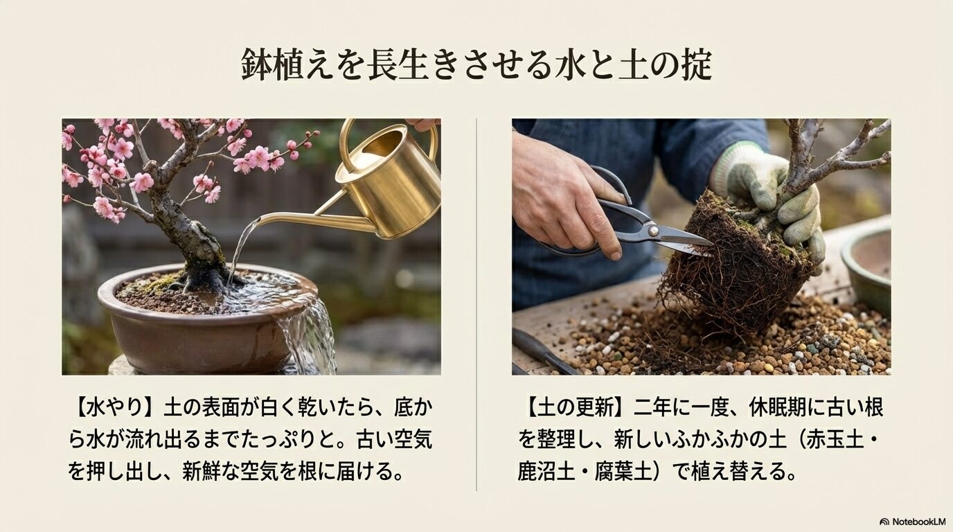しだれ梅の鉢植えを長生きさせるための正しい水やりと土の植え替え更新作業