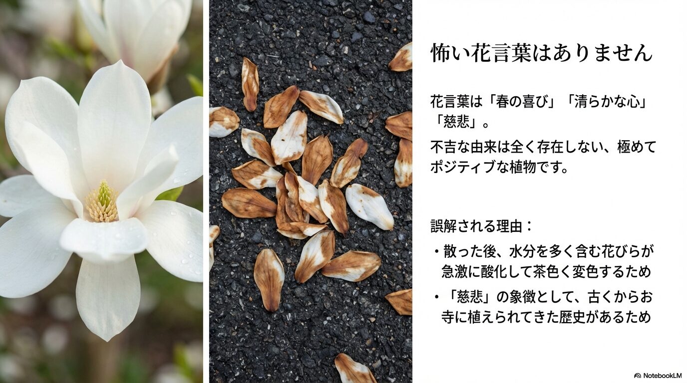白木蓮に怖い花言葉がないことや、花びらが茶色く変色する理由を解説したスライド