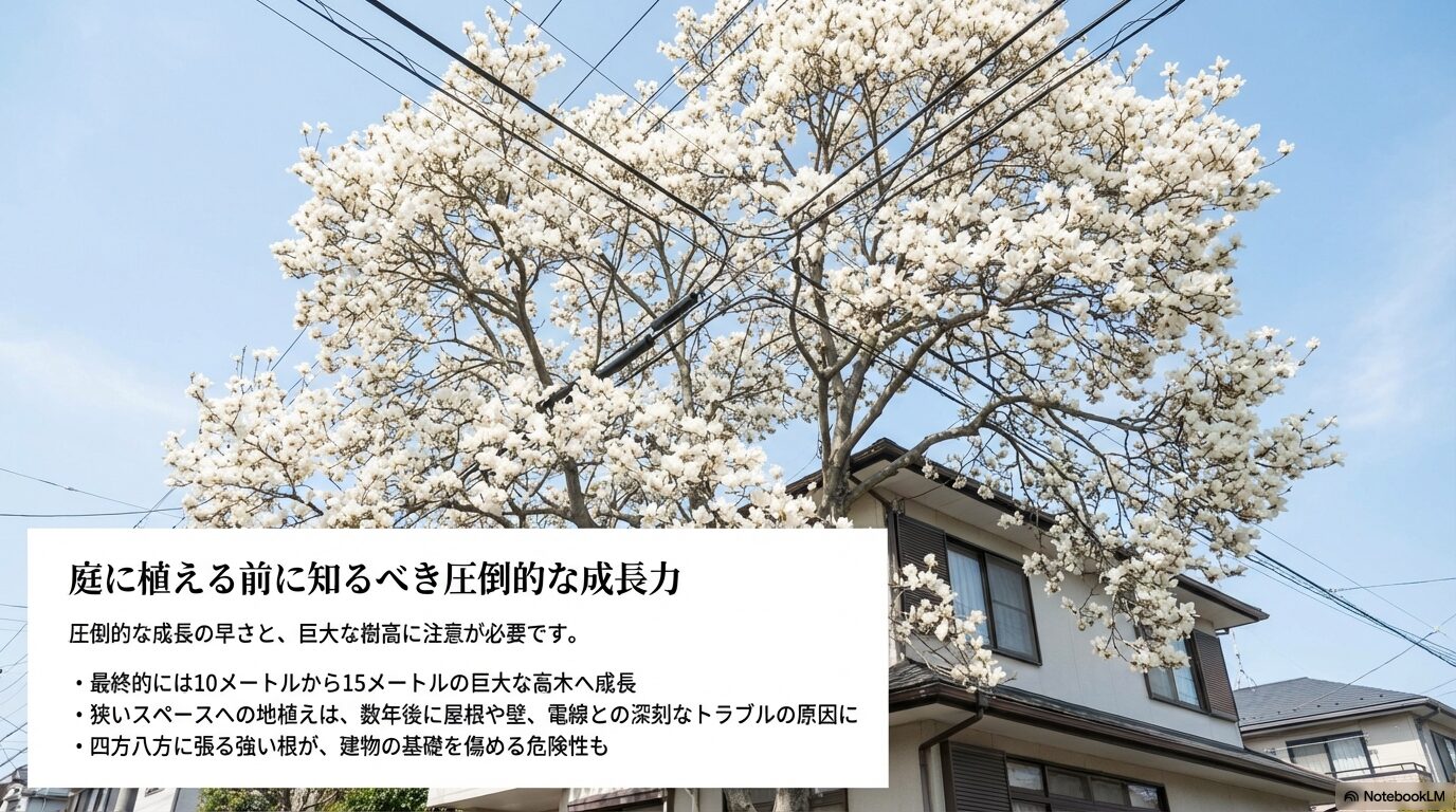 10メートルから15メートルになる白木蓮の巨大な樹高と成長の早さへの注意喚起