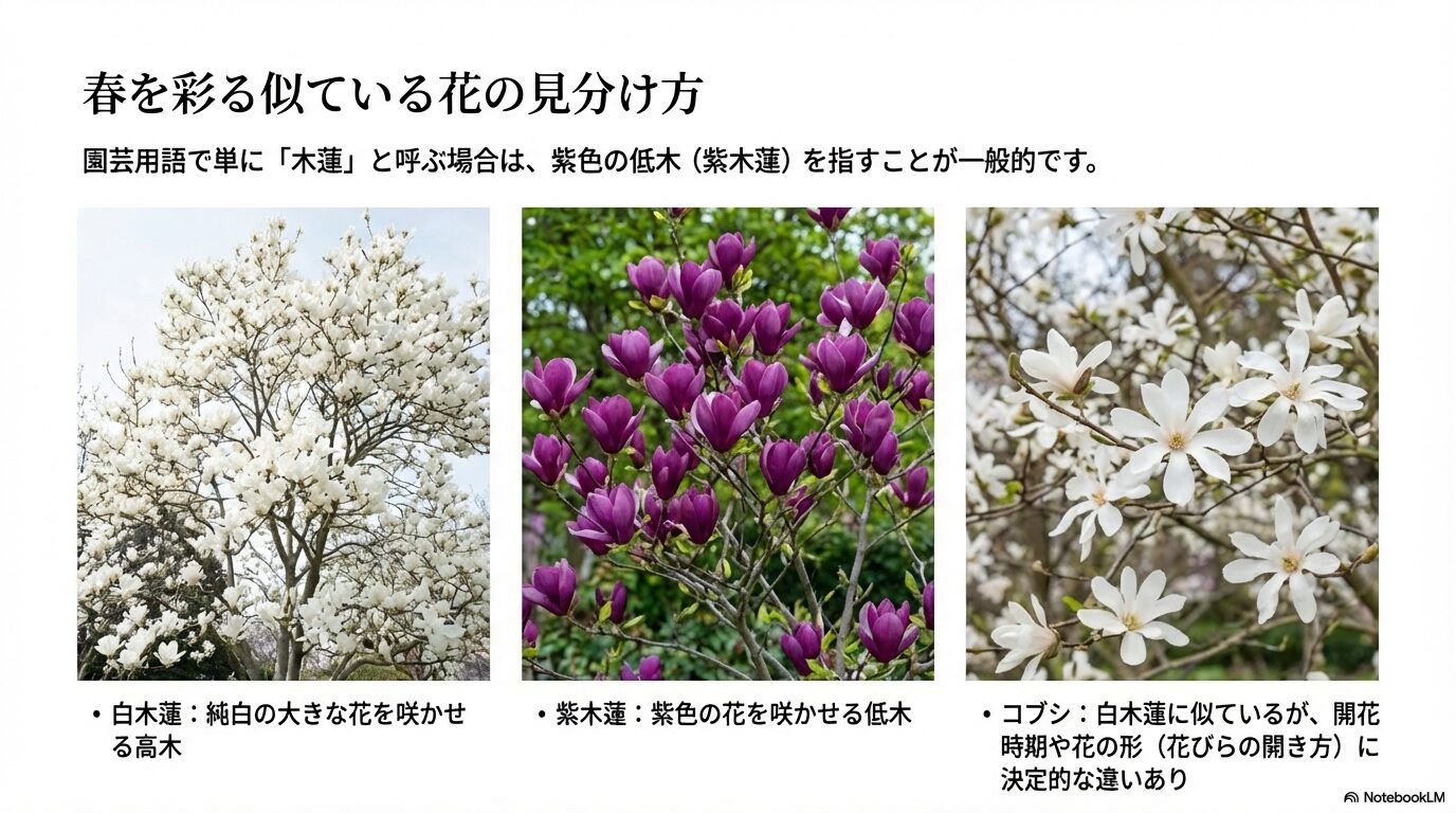 春に咲く白木蓮、紫木蓮、コブシの花の形や色の違いを示す比較画像