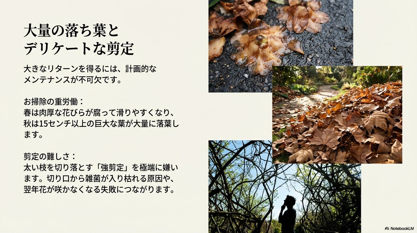 白木蓮の大量の落ち葉と強剪定を嫌う性質について解説したスライド