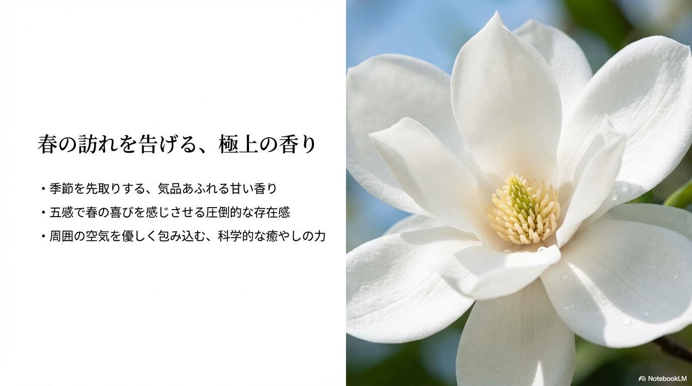 気品あふれる白木蓮の香りと科学的な癒やしの効果を解説したスライド