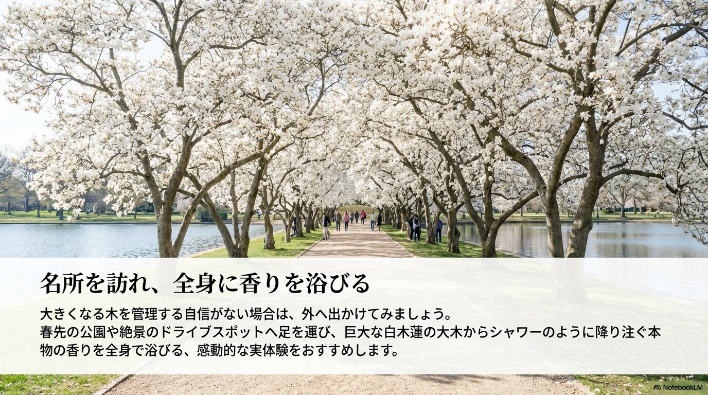 大きな白木蓮の大木がある公園などの名所で香りを全身に浴びる提案