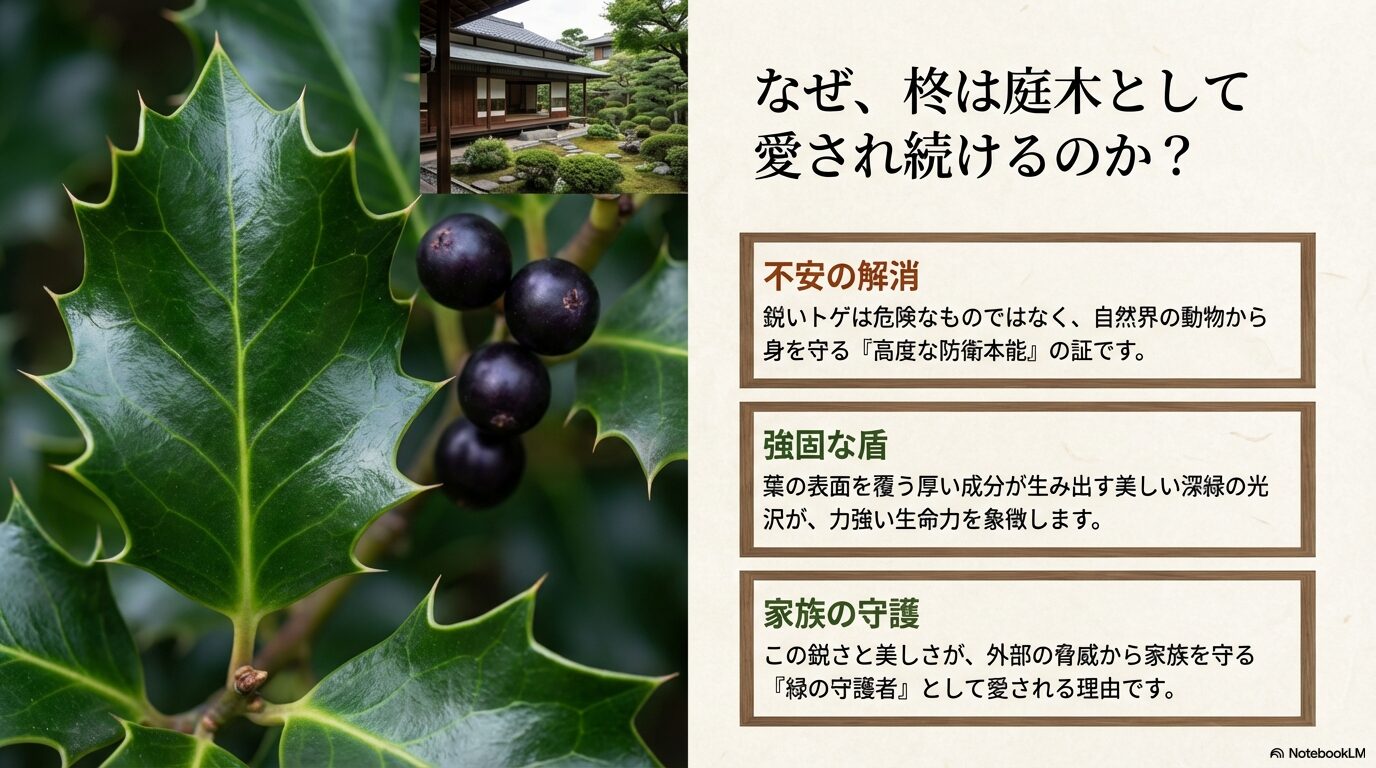 柊の鋭いトゲのある深緑の葉と黒紫色の実、そして美しい日本庭園の風景