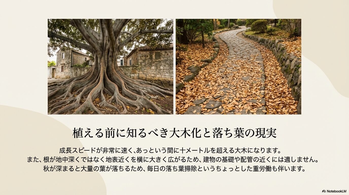 植える前に知るべき大木化と落ち葉の現実