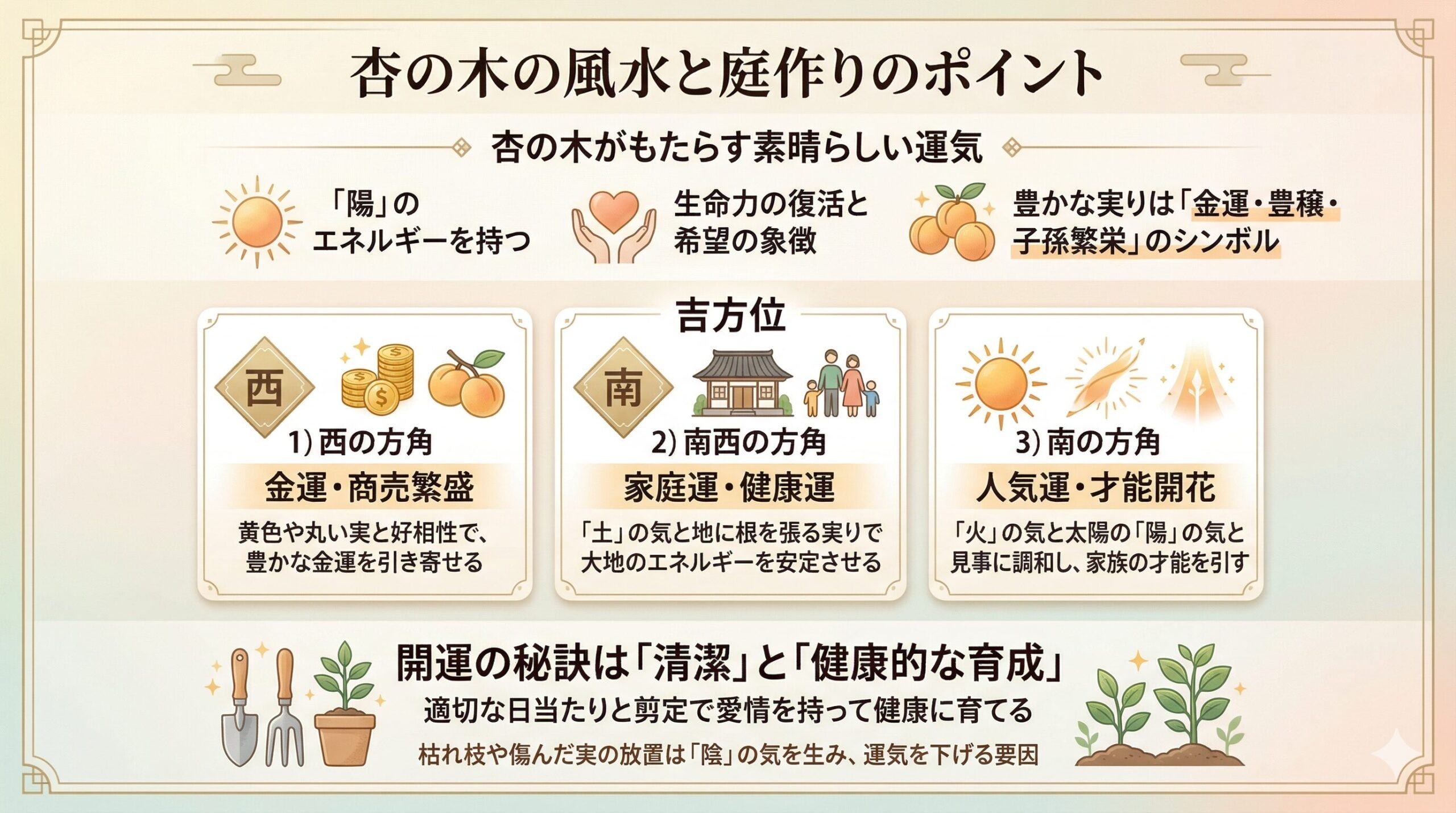 杏の木の風水効果と庭作りにおけるポイントを解説するスライド画像。陽のエネルギー、金運、豊穣、子孫繁栄の象徴としての意味、西（金運）、南西（家庭・健康）、南（人気・才能）という吉方位ごとの効果、そして清潔と健康的な育成が開運の秘訣であることを説明しています。