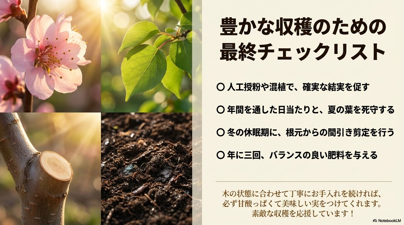 杏の実を収穫するための最終チェックリスト：人工授粉、日当たりの確保、間引き剪定、年三回の肥料