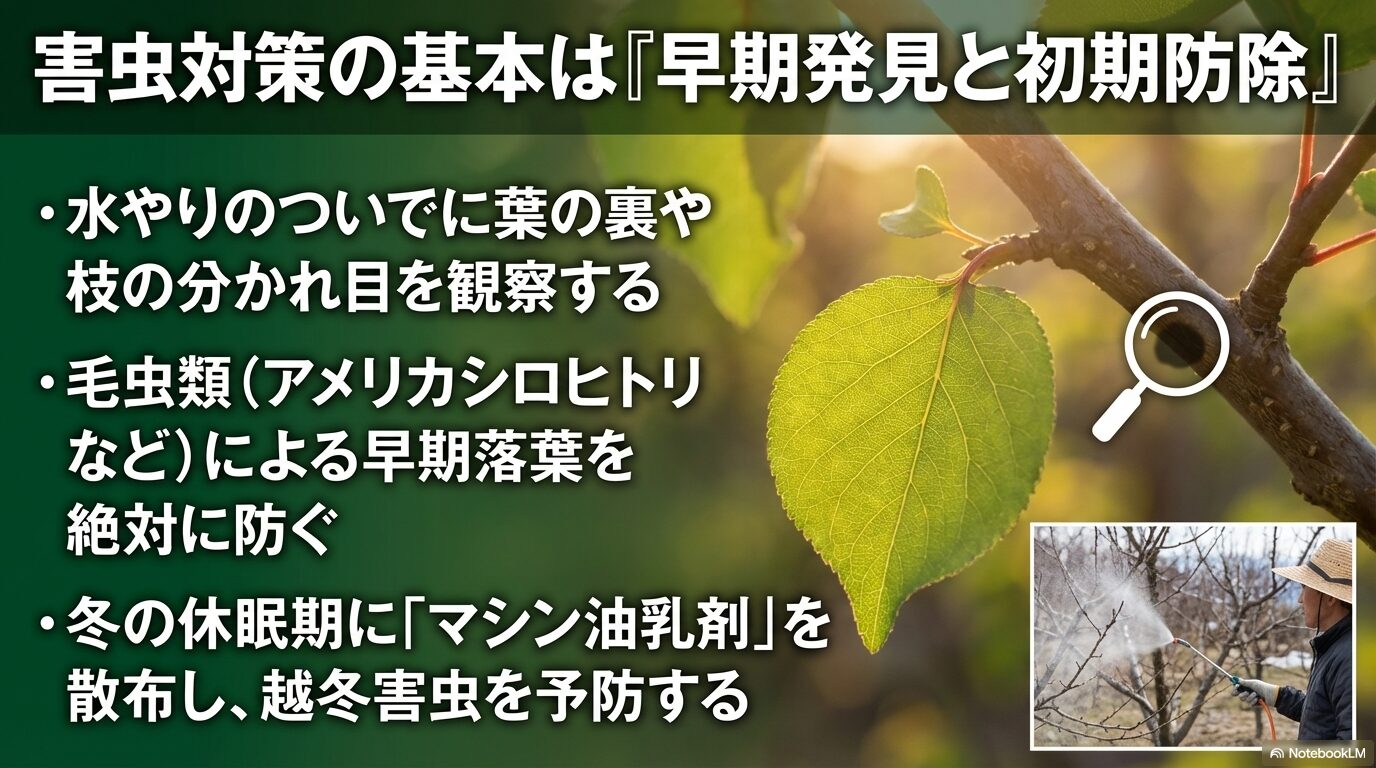 杏の木の害虫対策の基本：葉の裏の観察と毛虫類の早期防除、冬のマシン油乳剤散布