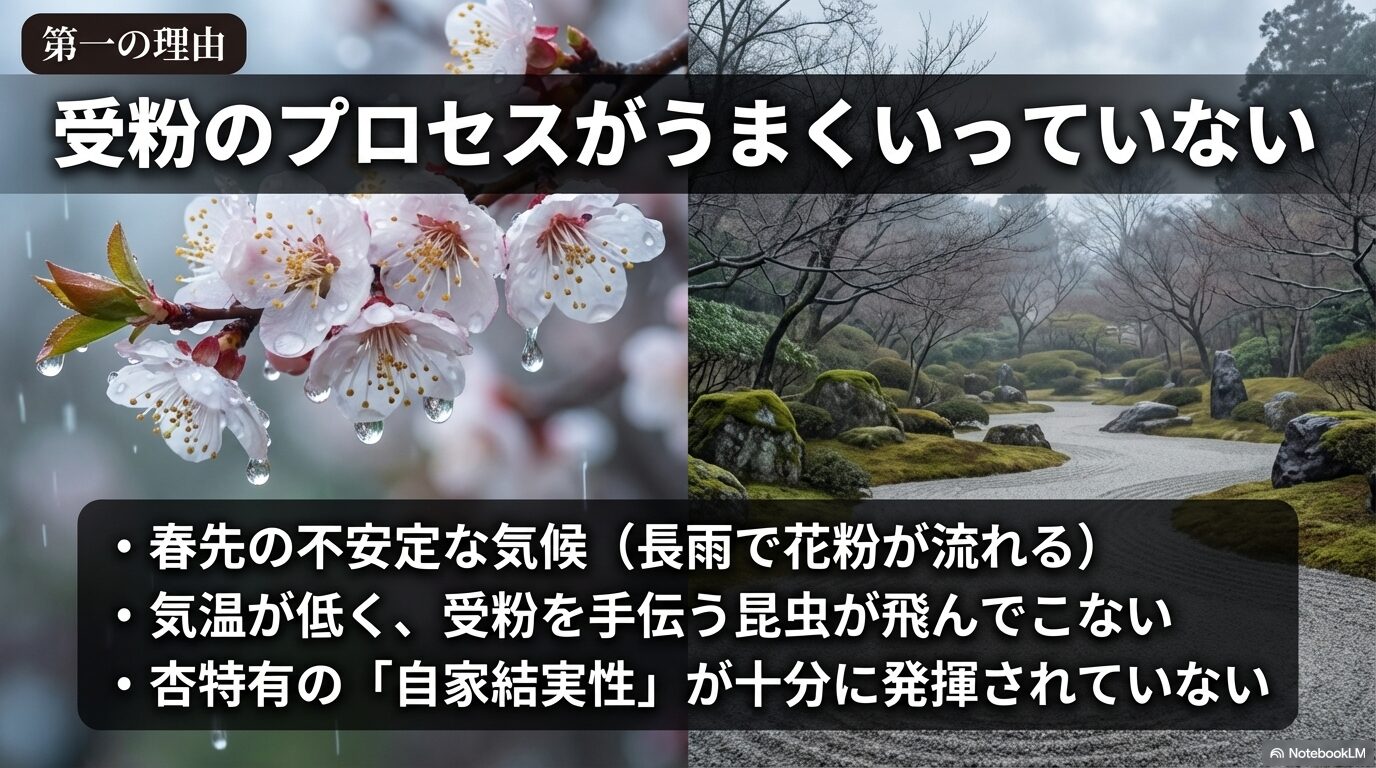 杏に実がならない第一の理由：天候不良や昆虫不足による受粉プロセスの失敗