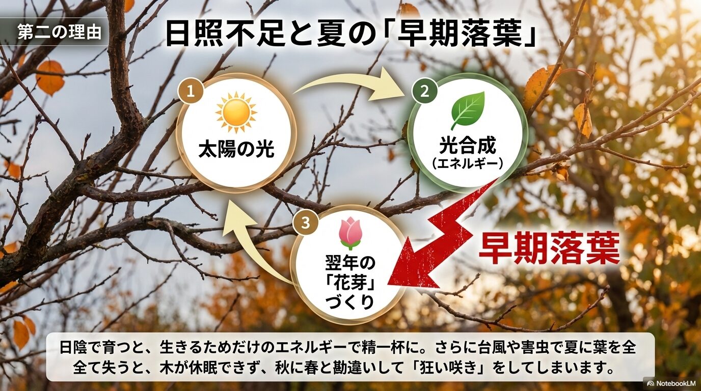 杏に実がならない第二の理由：日照不足と夏の早期落葉によるエネルギー不足と狂い咲き