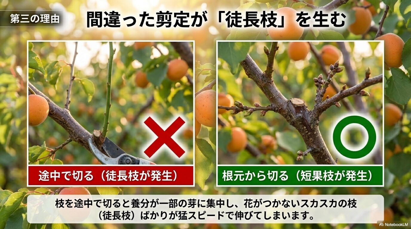 杏に実がならない第三の理由：枝を途中で切る間違った剪定が花芽のつかない徒長枝を生む