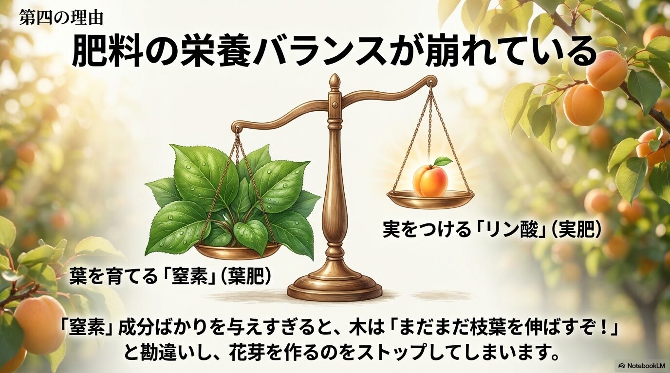 杏に実がならない第四の理由：実をつけるリン酸と葉を育てる窒素の栄養バランスの崩れ