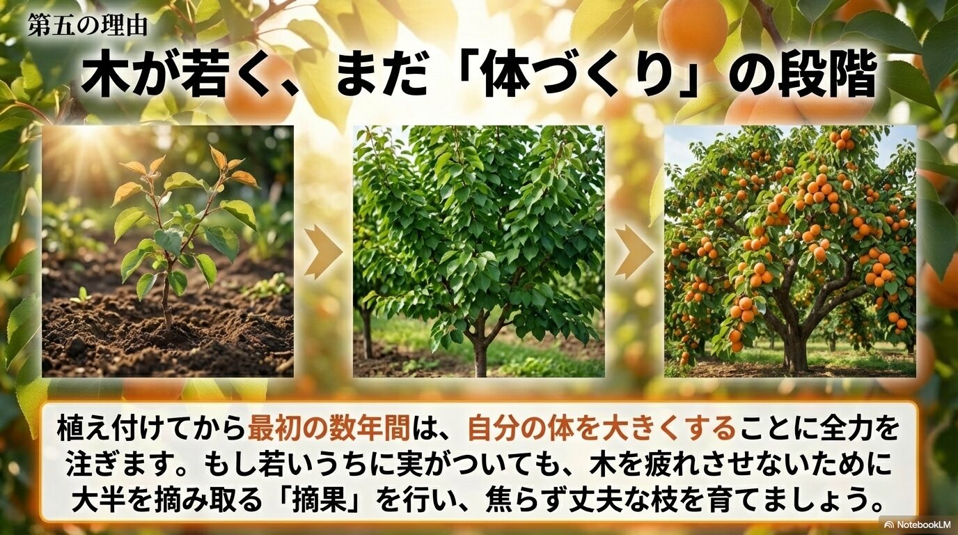 杏に実がならない第五の理由：植え付けて数年は体づくりの段階であり実をつけるには早い