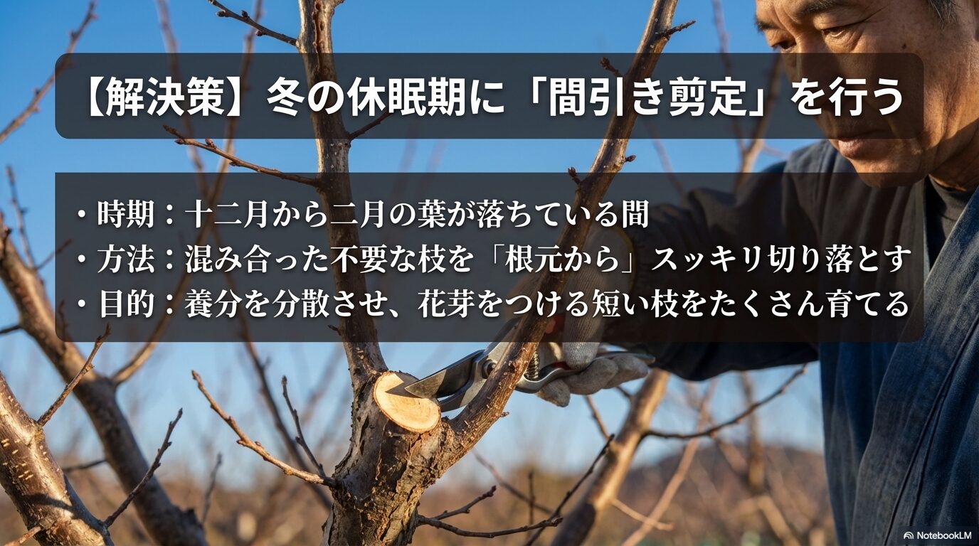 杏の正しい剪定方法の解決策：冬の休眠期に不要な枝を根元から切る間引き剪定