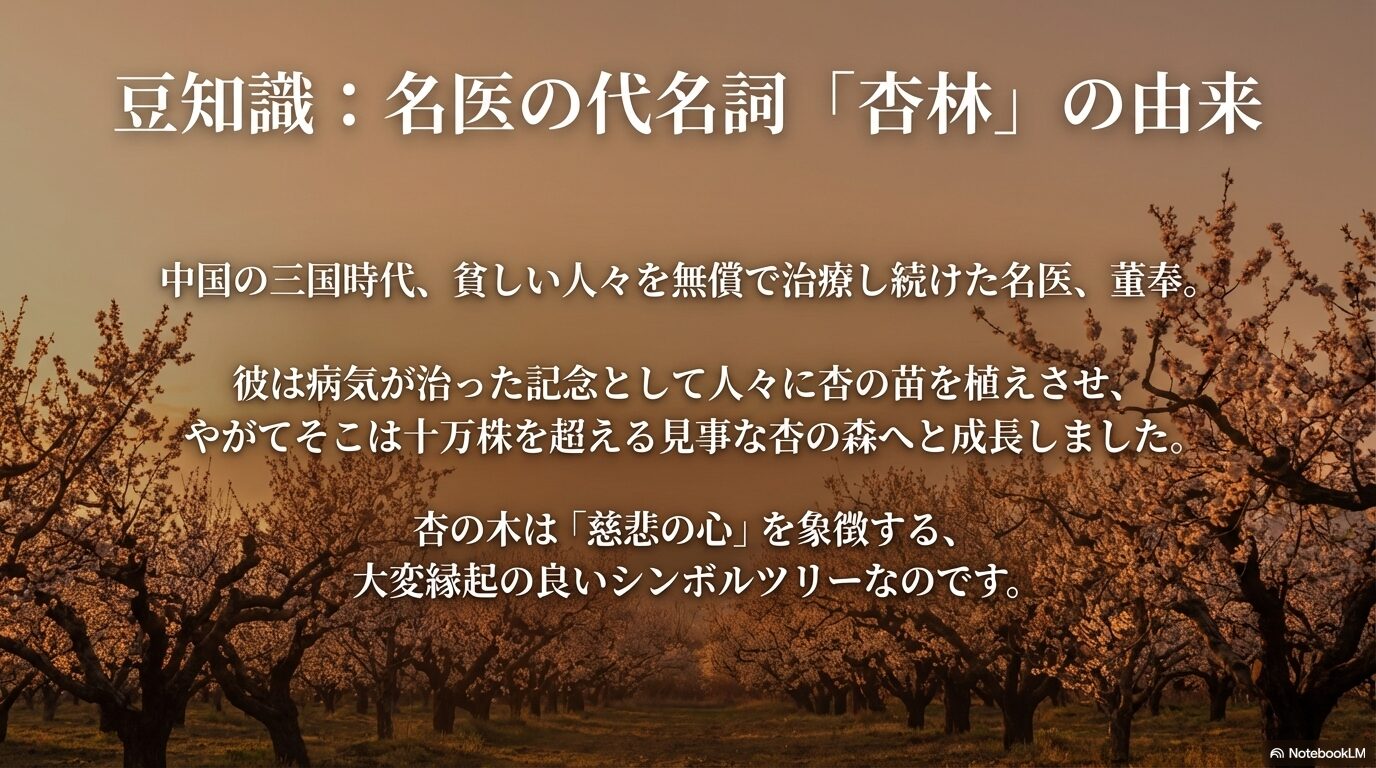 中国の董奉に由来する名医の代名詞「杏林」と杏の木の慈悲の象徴