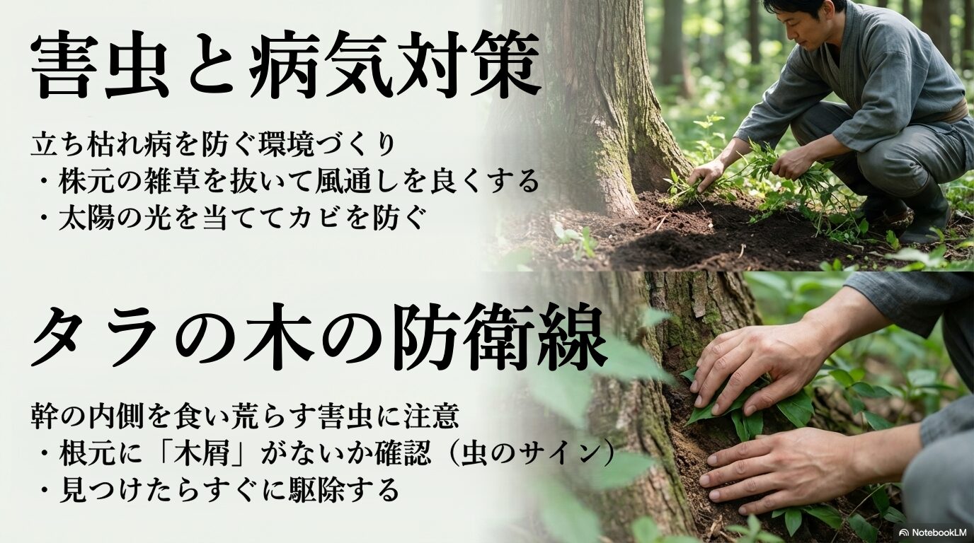 タラの木を枯らすカミキリムシの被害と立ち枯れ病の防除