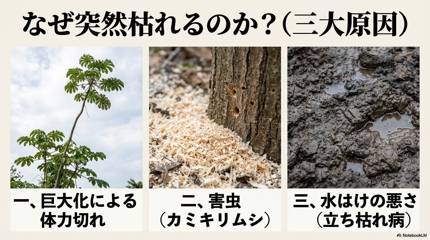 タラの木が突然枯れる3つの大きな原因