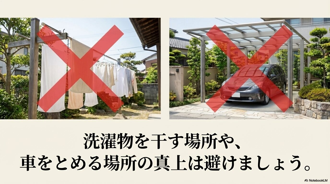 洗濯物を干す場所や車の真上に藤棚を設置するのは避けるべきという注意