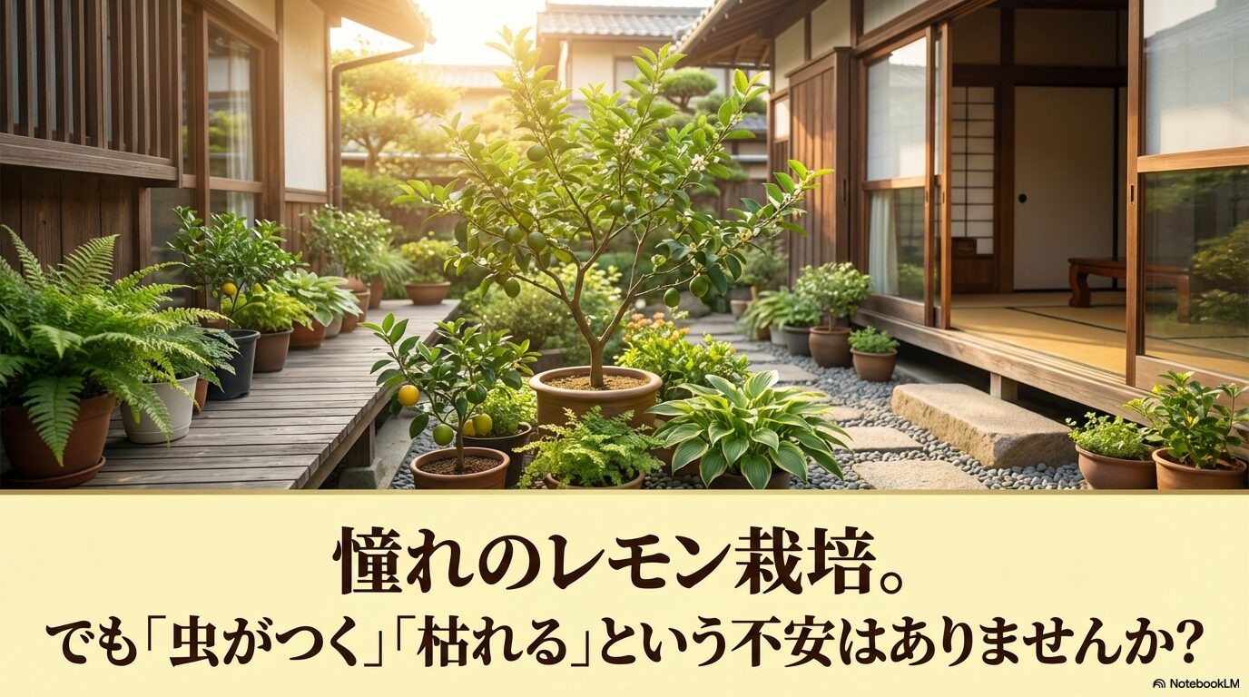 日差しが差し込む和風の中庭で、鉢植えのレモンの木を綺麗に育てている風景