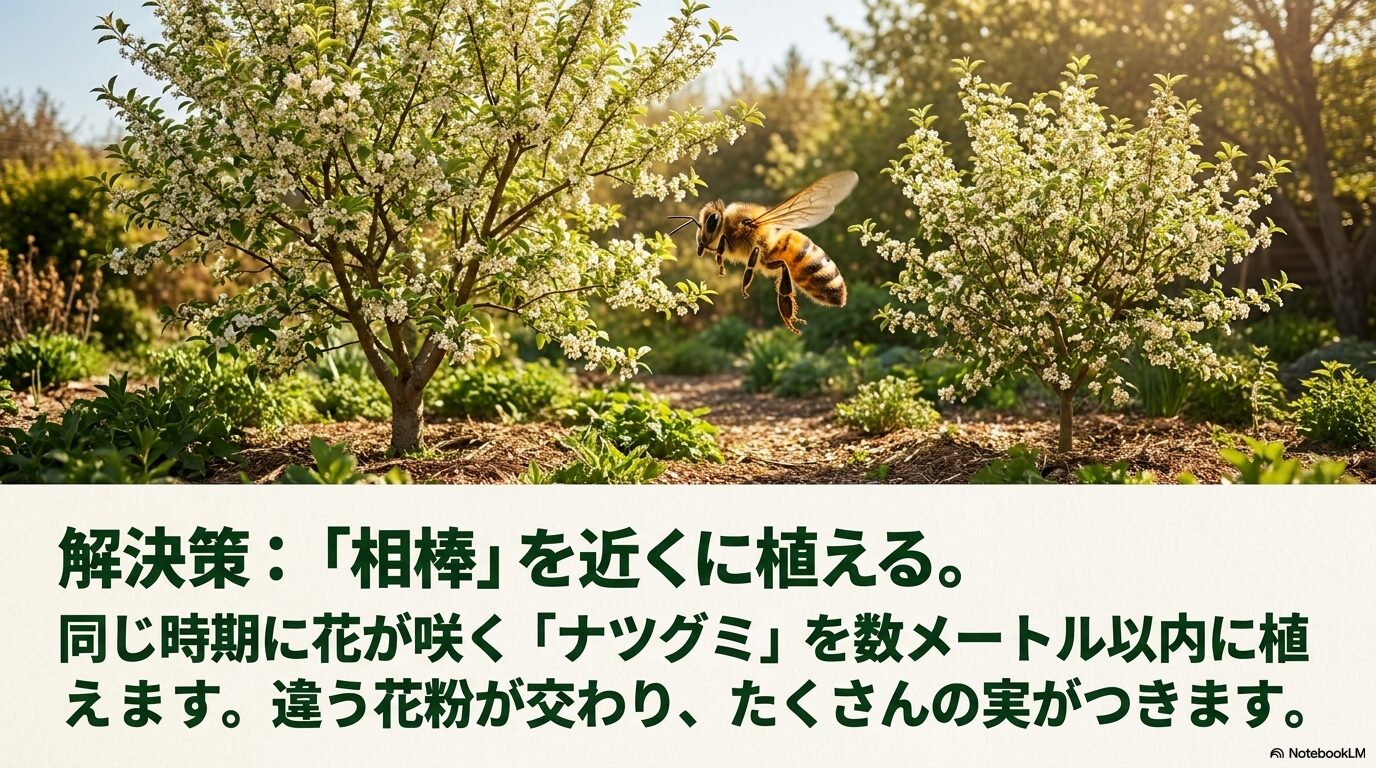 ビックリグミの結実解決策として同じ時期に花が咲く相棒のナツグミを数メートル以内に植える方法