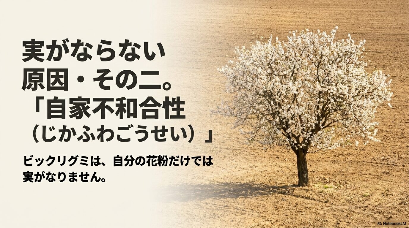 自分の花粉だけでは実がならないビックリグミ特有の自家不和合性について解説するスライド