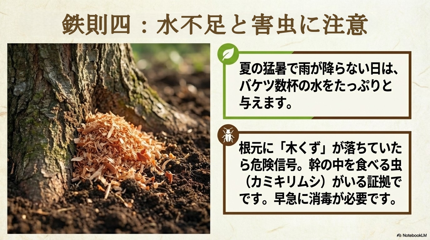 夏の猛暑時の水やりと、根元に木くずがあった場合は幹の中を食べるカミキリムシがいる危険信号であることを知らせるスライド