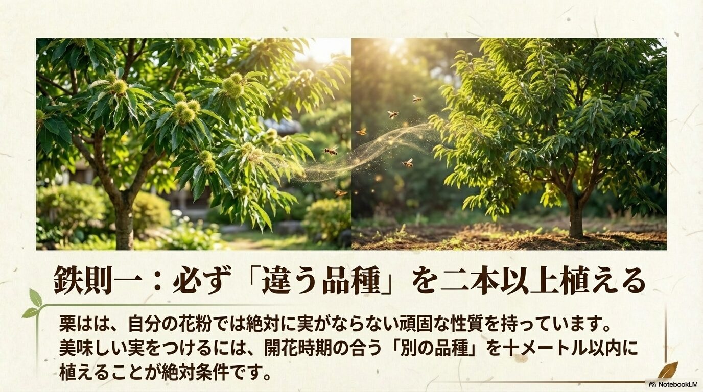 栗は自分の花粉では実がならないため、開花時期の合う別の品種を10メートル以内に植える必要があることを示すスライド