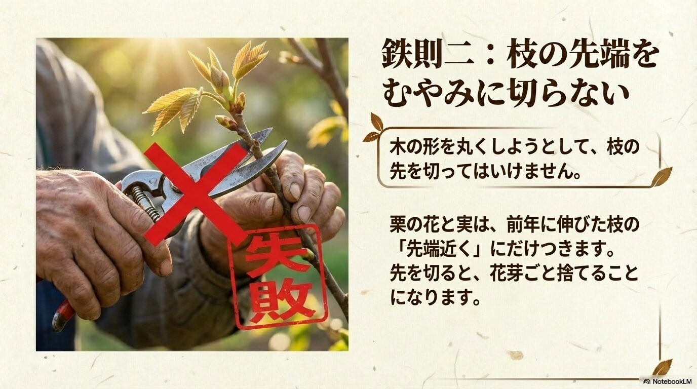 栗の花と実は前年に伸びた枝の先端近くにつくため、木の形を丸くしようと先端を切ると花芽ごと捨てる失敗に繋がることを示すスライド