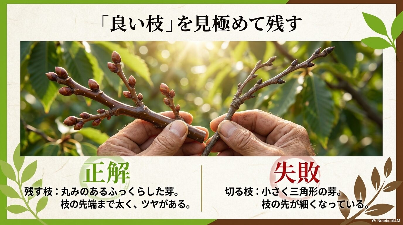 丸みのあるふっくらした芽を残し、小さく三角形の芽を切るという、良い結果母枝の見極め方を比較したスライド