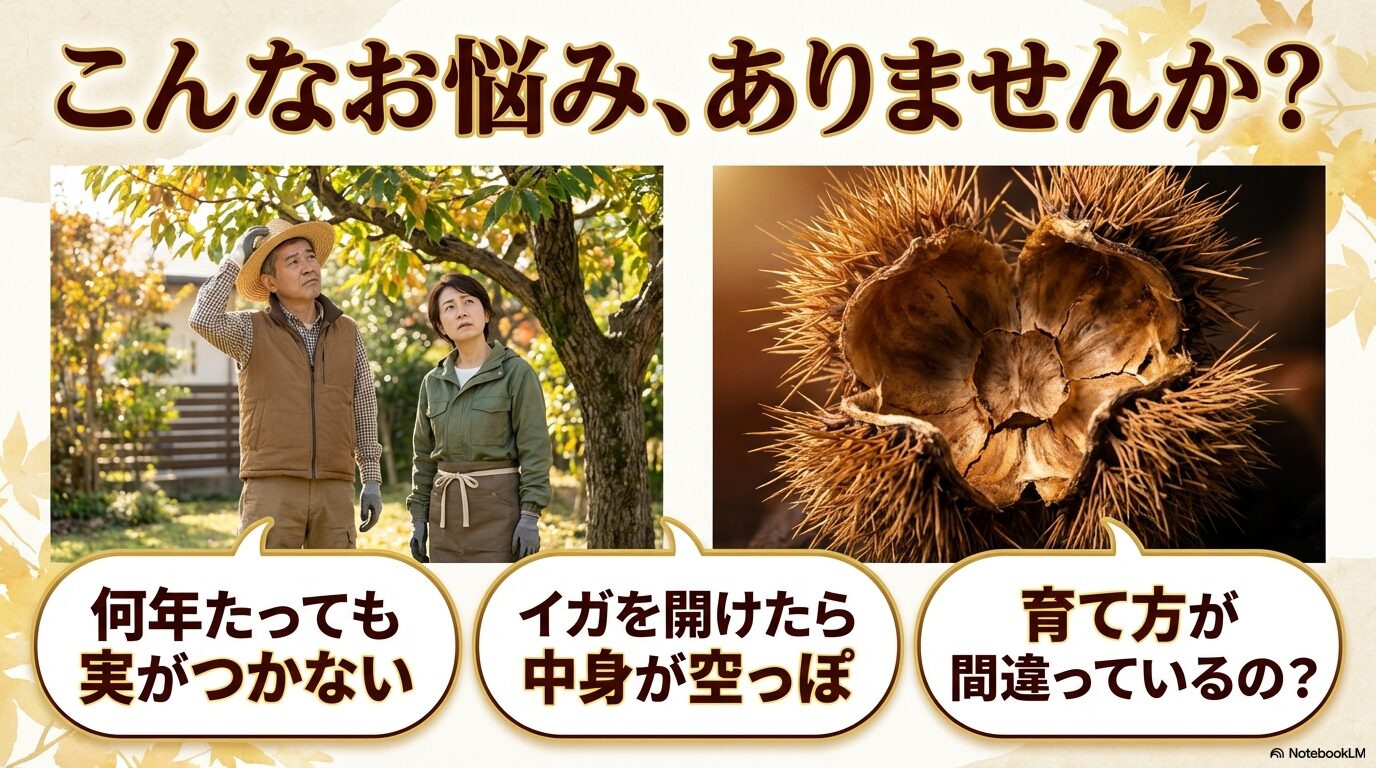 日本の庭先で実がならない栗の木を見上げる夫婦と、中身が空っぽのイガ栗