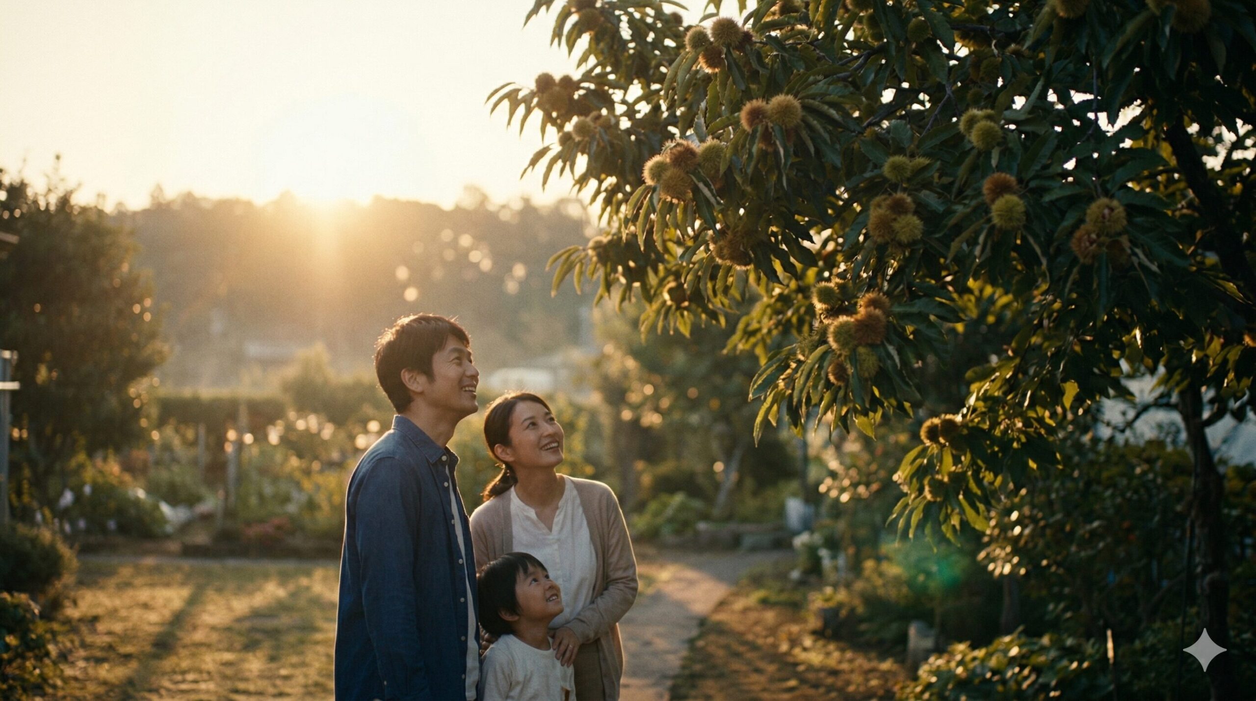 庭にたわわに実った栗の木のイガを笑顔で見上げる家族。朝日に照らされた豊かな収穫の風景